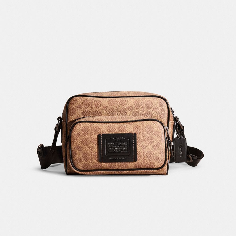 COACH®,Restored Academy Sport Crossbody In Signature Canvas,Leather,Crossbody,Piping,Casual,Brown,Front View