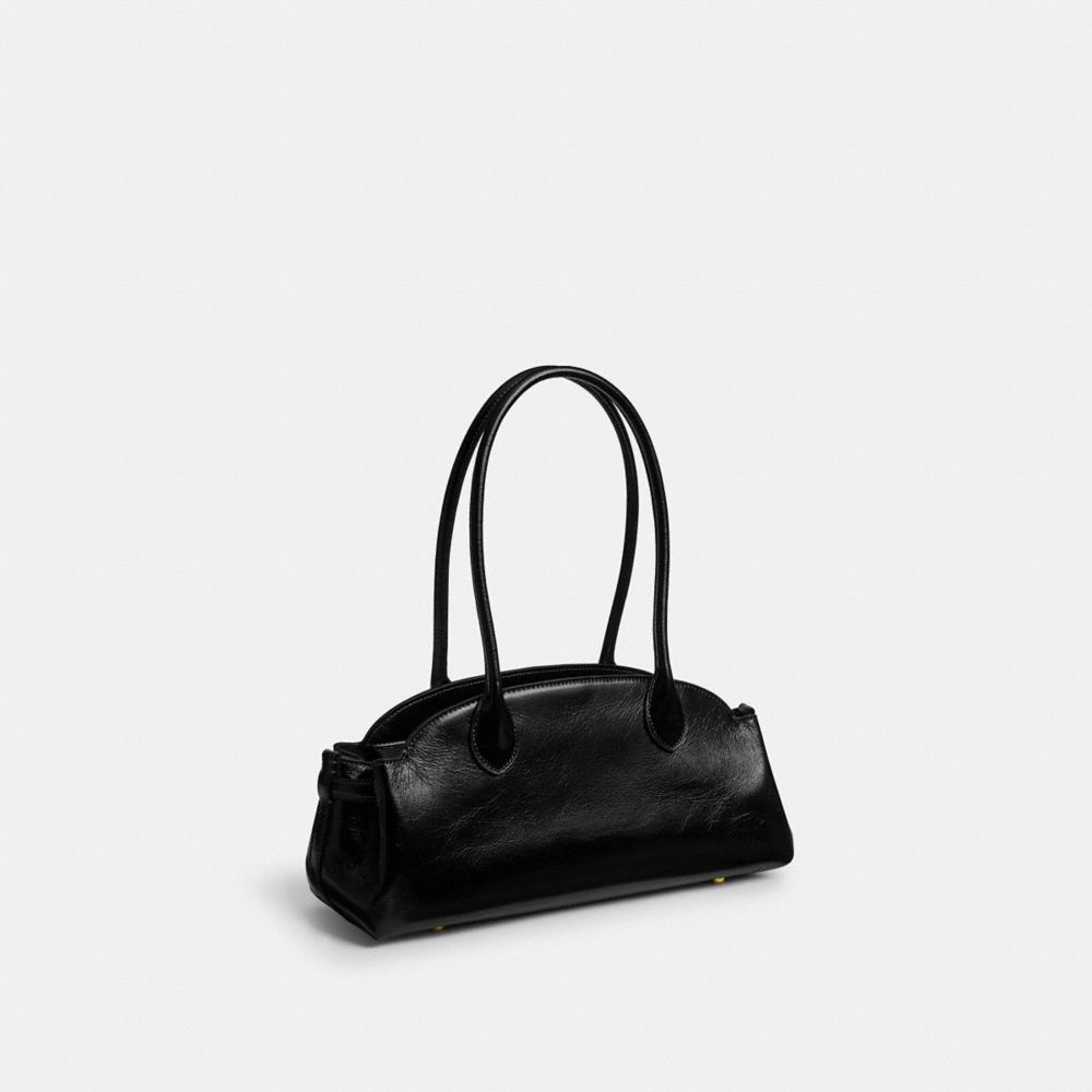 COACH®,Empire Carryall Bag 34,Leather,Shoulder Bag,Embossed,Logo,Metal,Expandable,Gusset,Brass,Casual,Black,Angle View