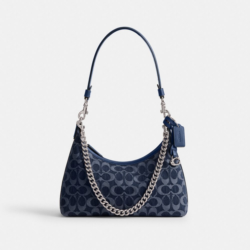 COACH®,Juliet Shoulder Bag 25 In Signature Denim,Denim,Calfskin Leather,Shoulder Bag,Chain Detail,Compact,Silver Metal,Cas...,Navy,Front View