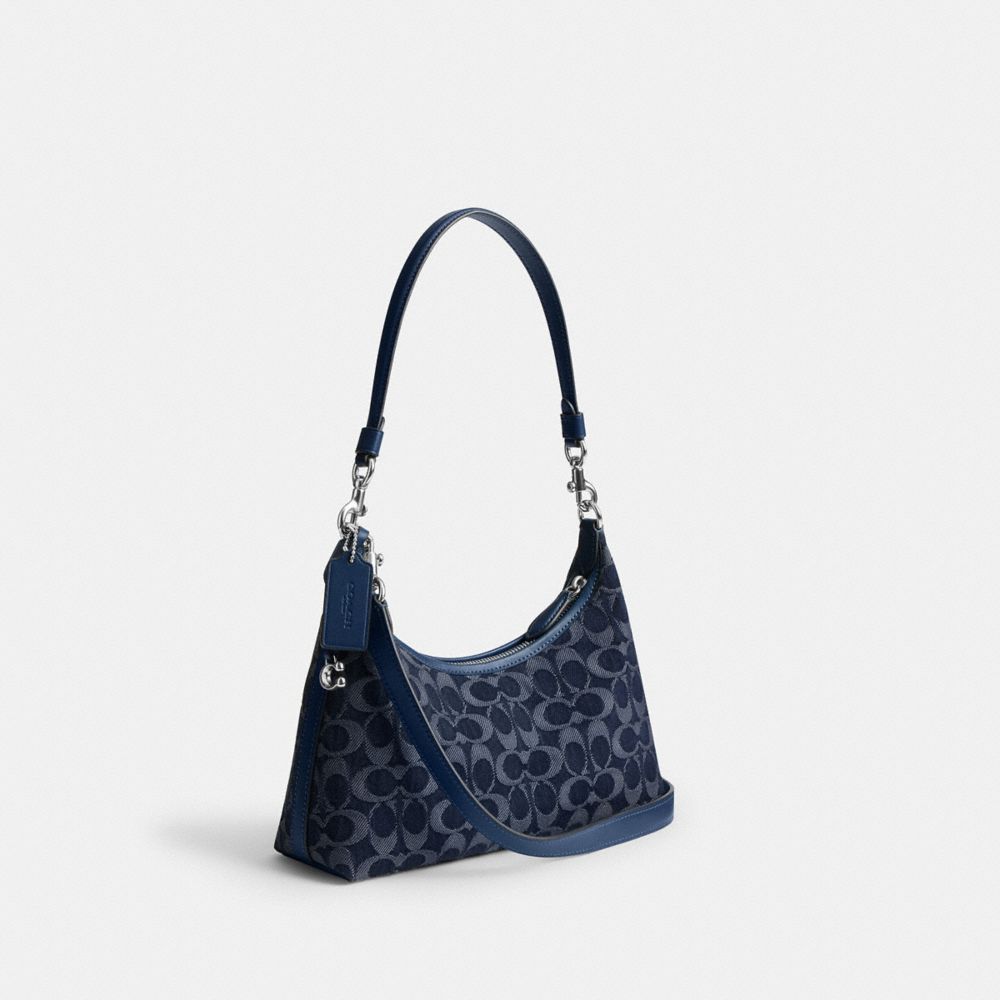 COACH®,Juliet Shoulder Bag 25 In Signature Denim,Denim,Calfskin Leather,Shoulder Bag,Chain Detail,Compact,Silver Metal,Cas...,Navy,Angle View