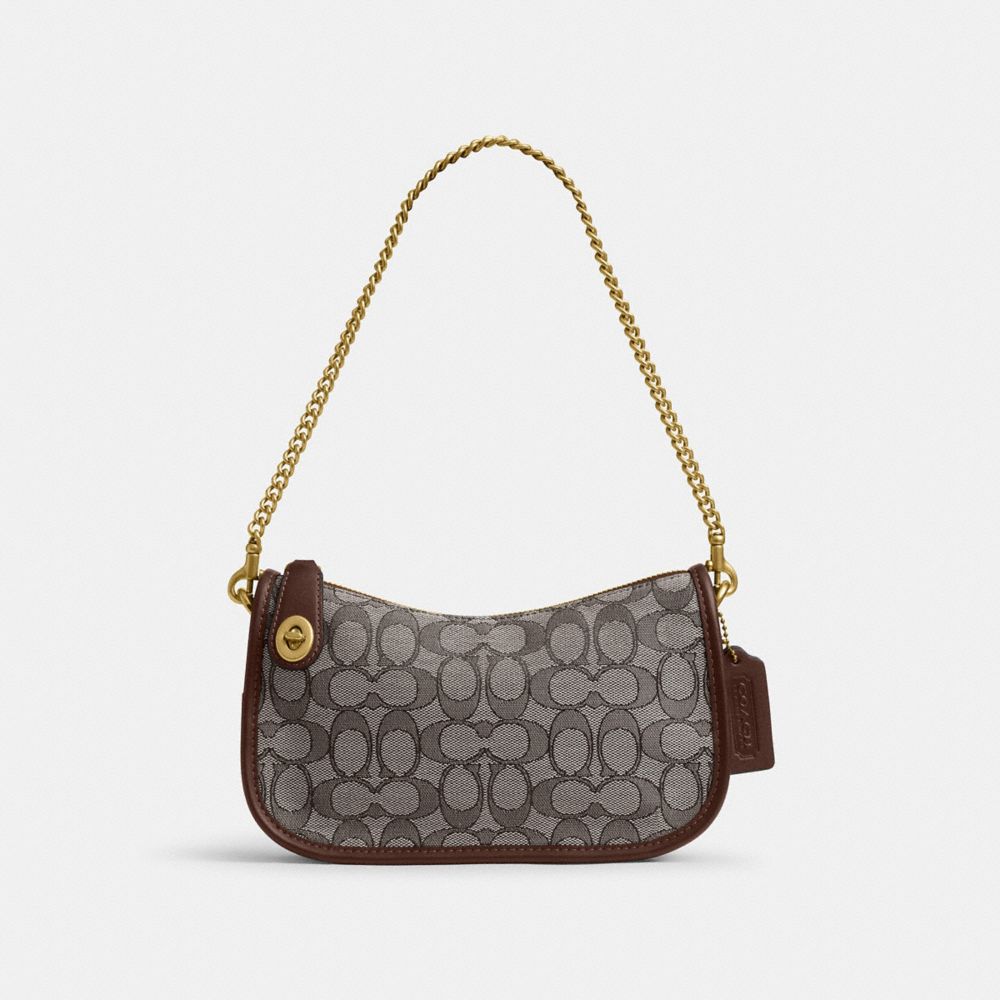 COACH®,Swinger Bag In Signature Jacquard,Fabric,Shoulder Bag,Word Embellishment,Logo,Lined,Adjustable,Compact,Silver Metal...,Gray,Front View