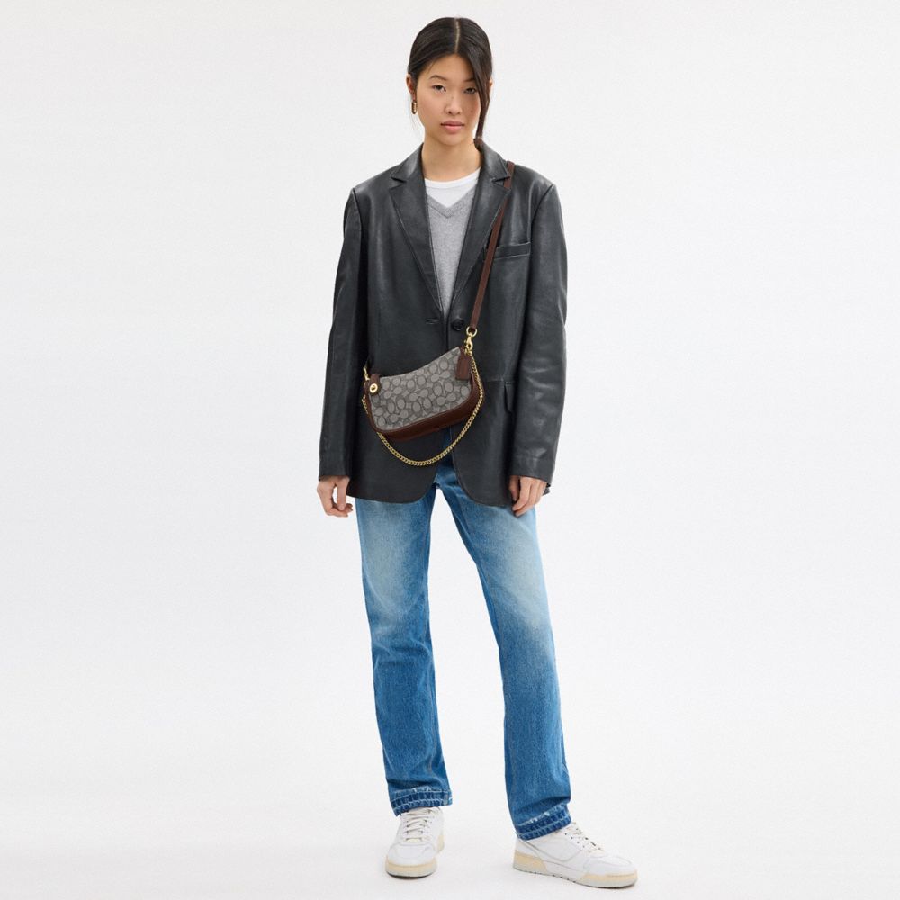 COACH®,Swinger Bag In Signature Jacquard,Fabric,Shoulder Bag,Word Embellishment,Logo,Lined,Adjustable,Compact,Silver Metal...,Gray