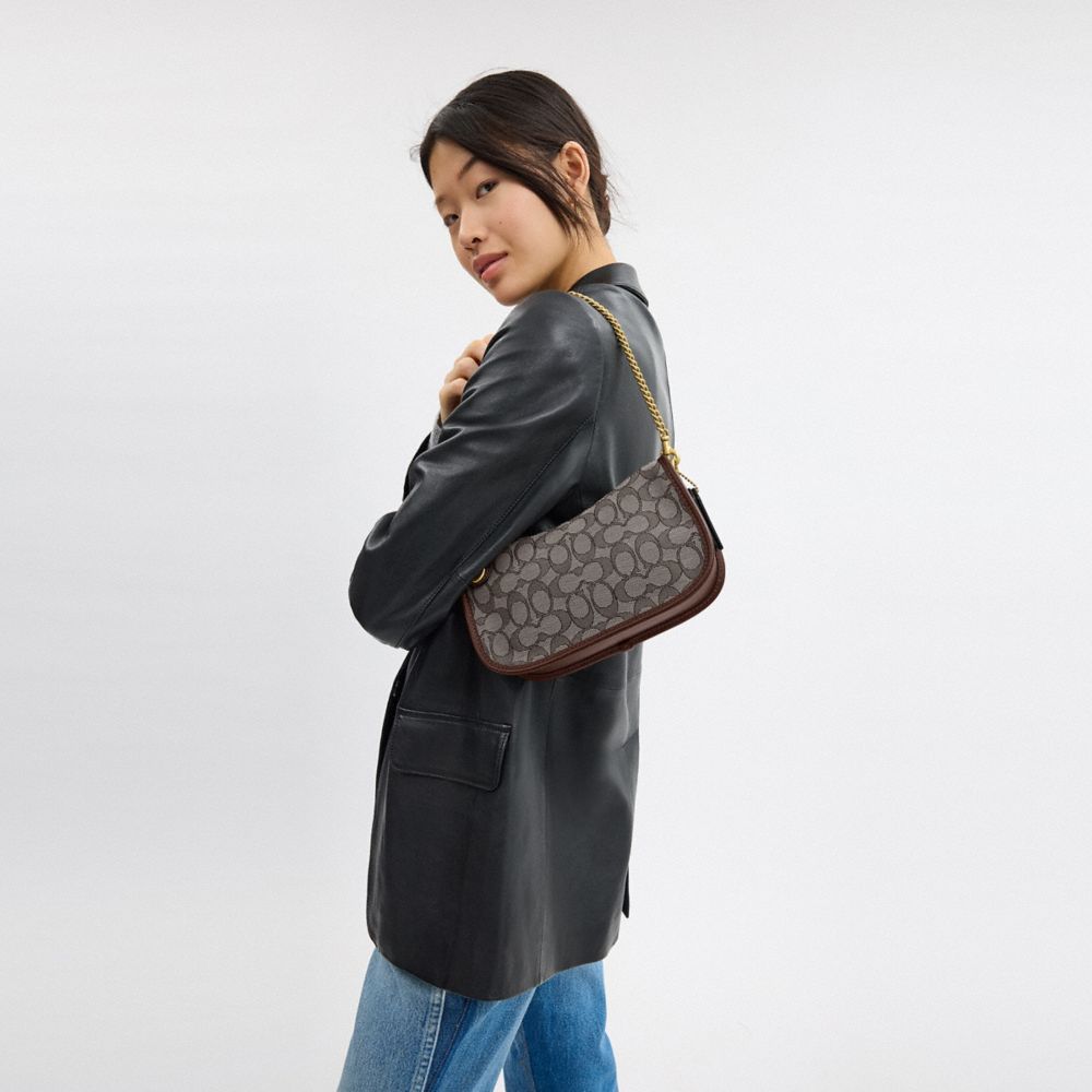 COACH®,Swinger Bag In Signature Jacquard,Fabric,Shoulder Bag,Word Embellishment,Logo,Lined,Adjustable,Compact,Silver Metal...,Gray,Detail View