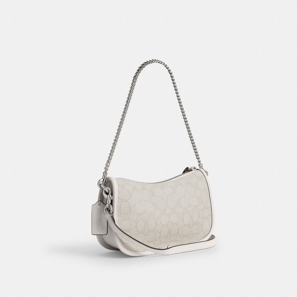 COACH®,Swinger Bag In Signature Jacquard,Fabric,Shoulder Bag,Word Embellishment,Logo,Lined,Adjustable,Compact,Silver Metal...,Gray,Angle View