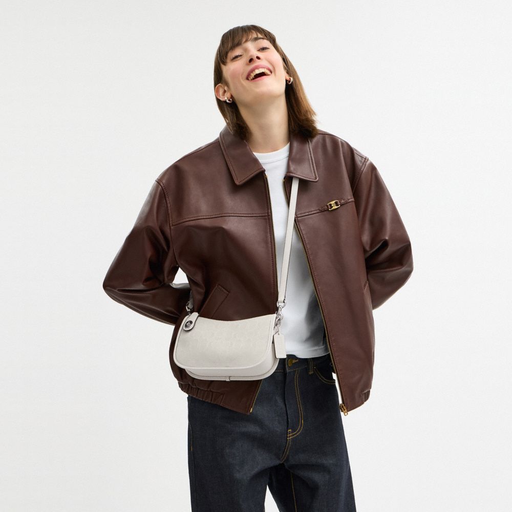 COACH®,Swinger Bag In Signature Jacquard,Fabric,Shoulder Bag,Word Embellishment,Logo,Lined,Adjustable,Compact,Silver Metal...,Gray