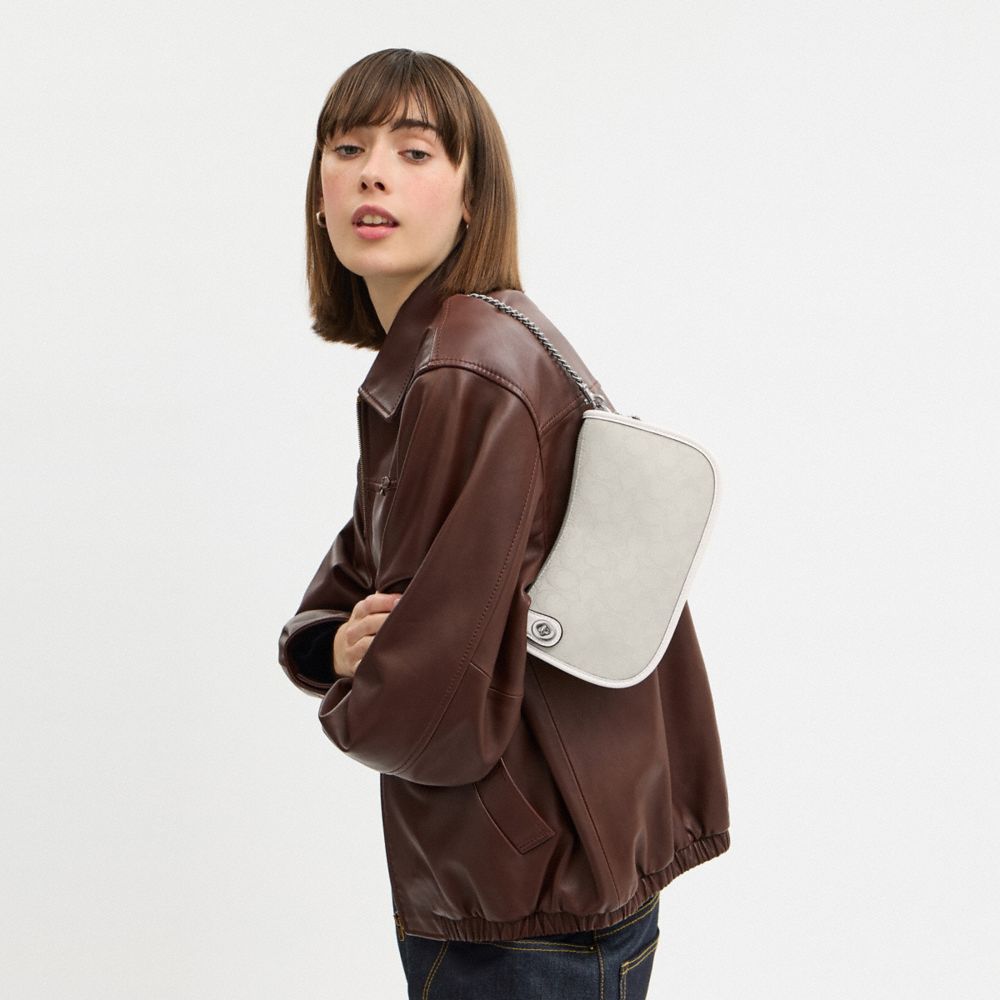 COACH®,Swinger Bag In Signature Jacquard,Fabric,Shoulder Bag,Word Embellishment,Logo,Lined,Adjustable,Compact,Silver Metal...,Gray,Detail View