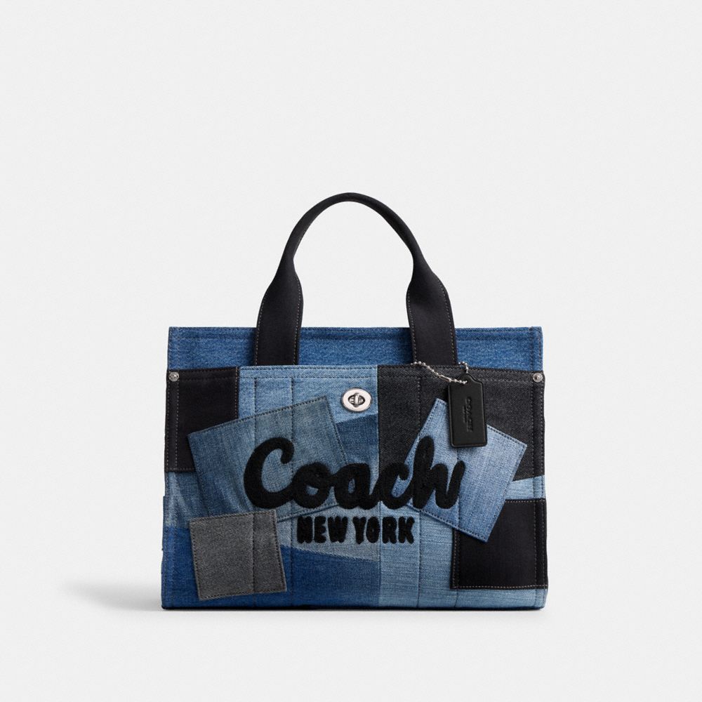 COACH®,Cargo Tote Bag With Patchwork,Leather,Denim,Tote,Patchwork,Color Block,Silver Metal,Casual,Multi Color,Front View