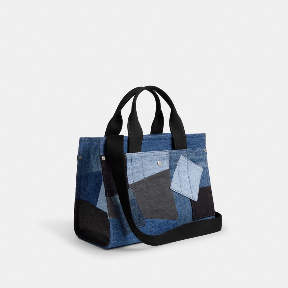COACH®,Cargo Tote Bag With Patchwork,Leather,Denim,Tote,Patchwork,Color Block,Silver Metal,Casual,Multi Color,Angle View