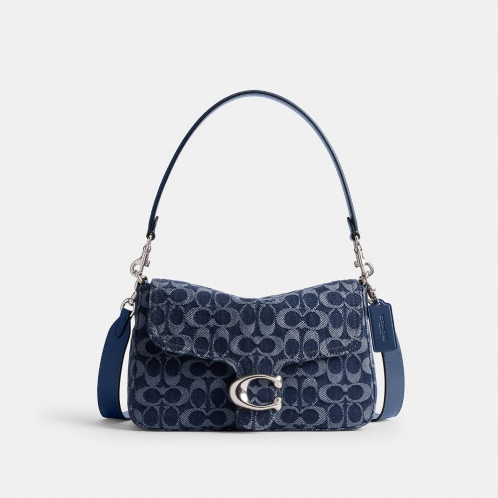 COACH®,Soft Tabby Shoulder Bag In Signature Denim,Calfskin Leather,Denim,Cotton,Shoulder Bag,Sustainable,Silver Metal,Casual,Navy,Front View