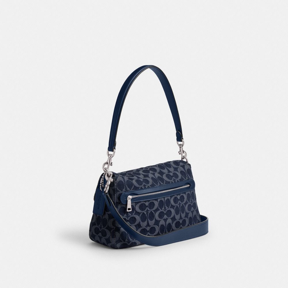 COACH®,Soft Tabby Shoulder Bag In Signature Denim,Calfskin Leather,Denim,Cotton,Shoulder Bag,Sustainable,Silver Metal,Casual,Navy,Angle View
