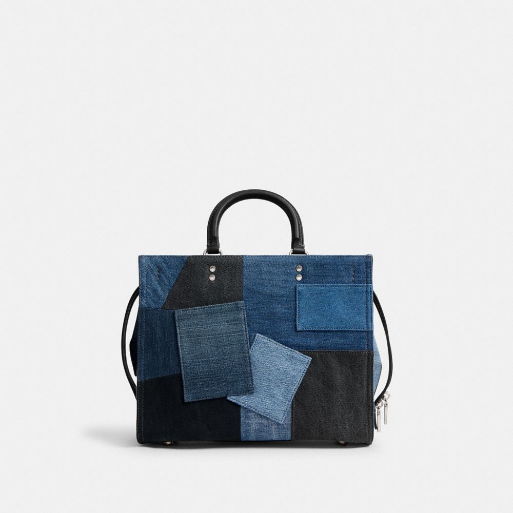 COACH®,Rogue Bag With Repurposed Denim Patchwork,Leather,Denim,Tote,Studded,Logo,Metal,Patchwork,Color Block,Adjustable,Si...,Blue,Back View