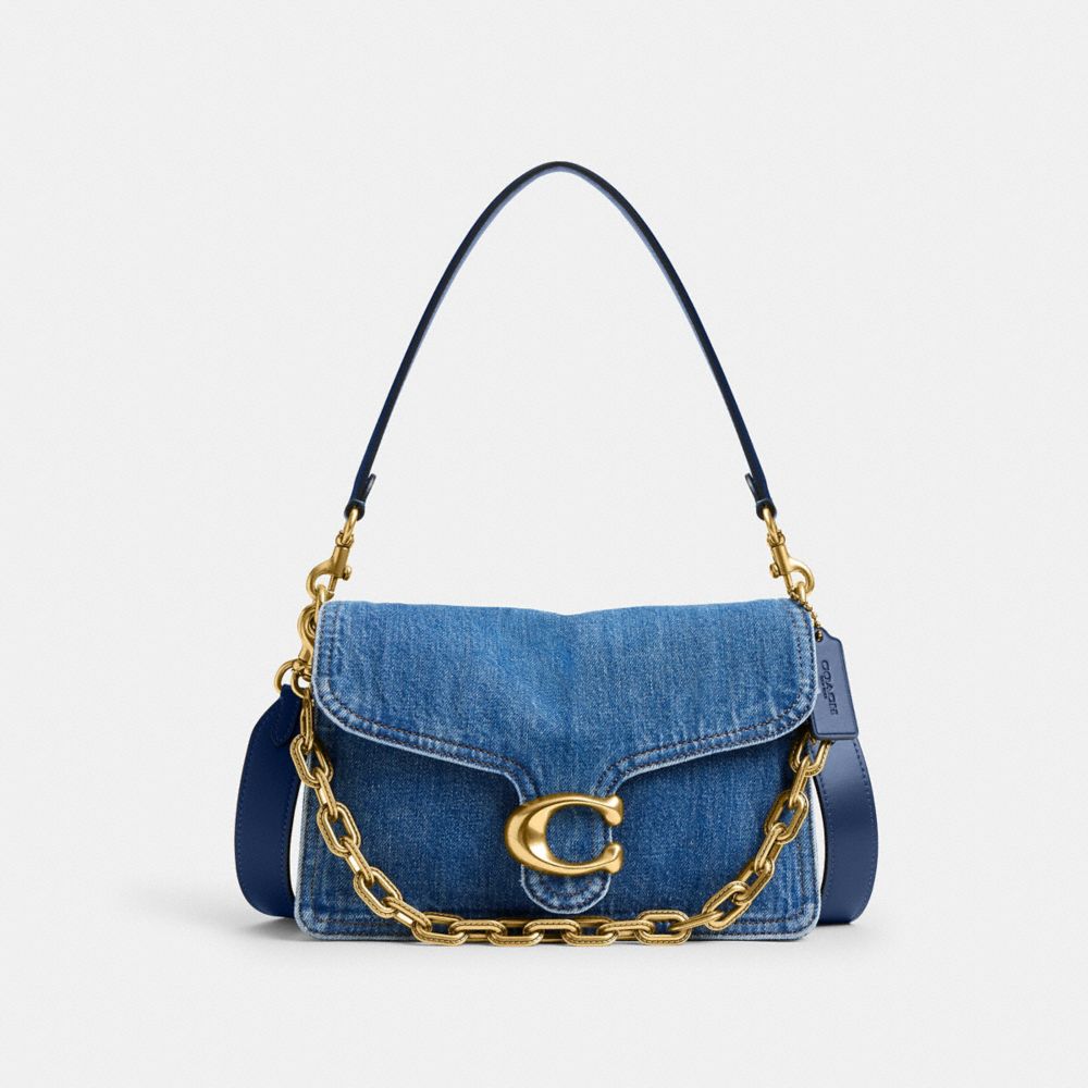 COACH®,Chain Tabby Shoulder Bag,Denim,Calfskin Leather,Shoulder Bag,Metal,Logo,Shoulder Guard,Brass,Day Party,Blue,Front View