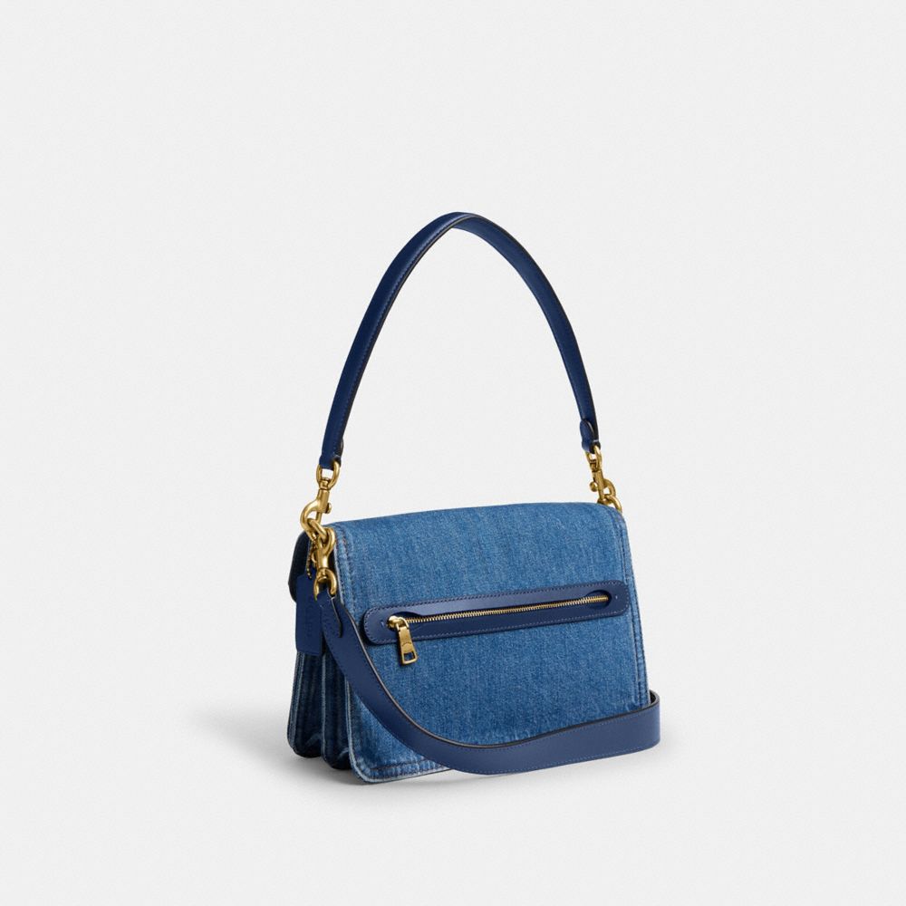 COACH®,Chain Tabby Shoulder Bag,Denim,Calfskin Leather,Shoulder Bag,Metal,Logo,Shoulder Guard,Brass,Day Party,Blue,Angle View