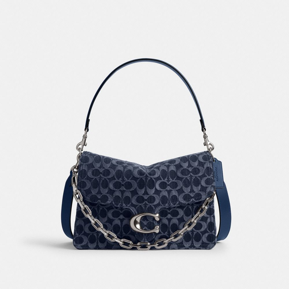 COACH®,Chain Tabby Shoulder Bag 30 In Signature Denim,Denim,Calfskin Leather,Cotton,Shoulder Bag,Chain Detail,Silver Metal...,Navy,Front View