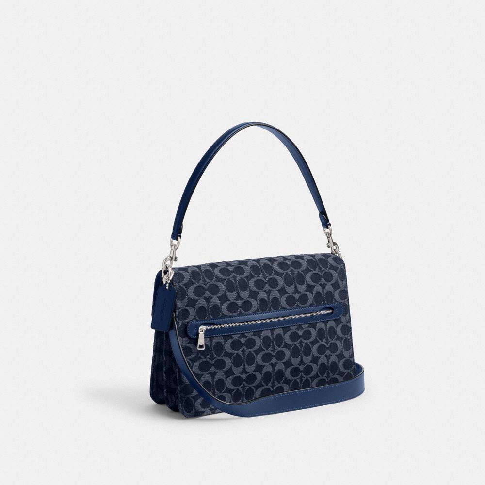 COACH®,Chain Tabby Shoulder Bag 30 In Signature Denim,Denim,Calfskin Leather,Cotton,Shoulder Bag,Chain Detail,Silver Metal...,Navy,Angle View