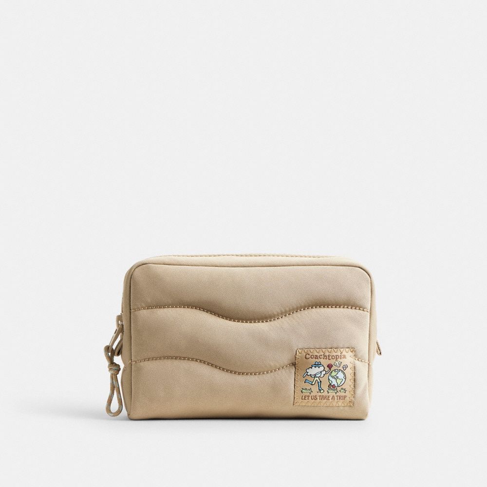COACH®,Coachtopia Loop Pouch In Recycled Polyester,Recycled Polyester,Pouch,Tag Embellishment,Logo,Compact,Vegan,Casual,Beige,Front View