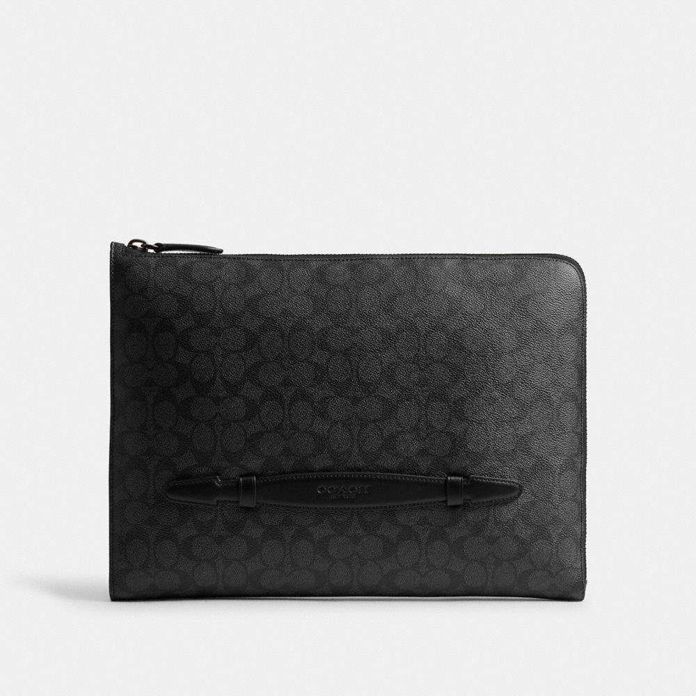 COACH®,Laptop Case In Signature Canvas,Canvas,Calfskin Leather,Pouch,Casual,Black,Front View