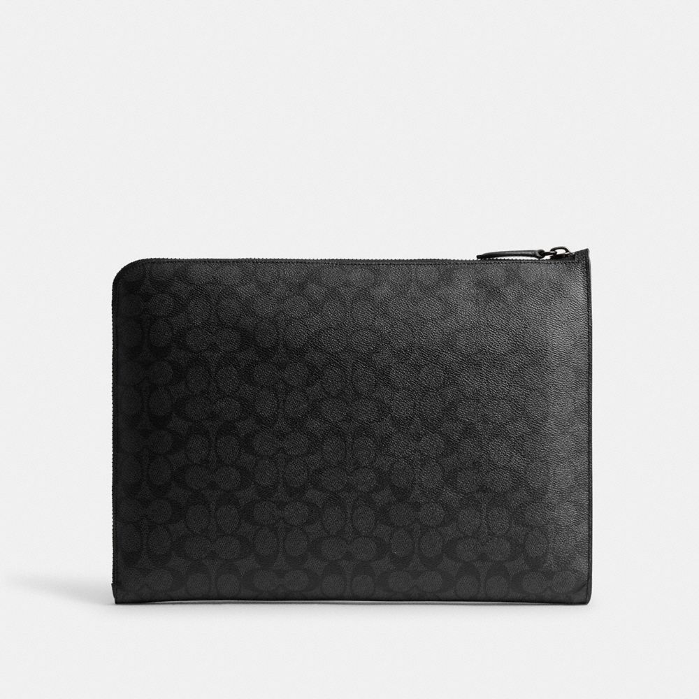 COACH®,Laptop Case In Signature Canvas,Canvas,Calfskin Leather,Pouch,Casual,Black,Back View