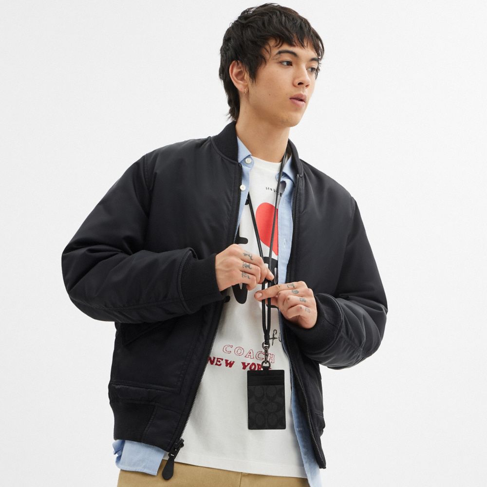 COACH®,Id Lanyard In Signature Canvas,Denim,Leather,Bag Accessories,Card Case,Mixed Media,Key Ring,Casual,Black,Detail View