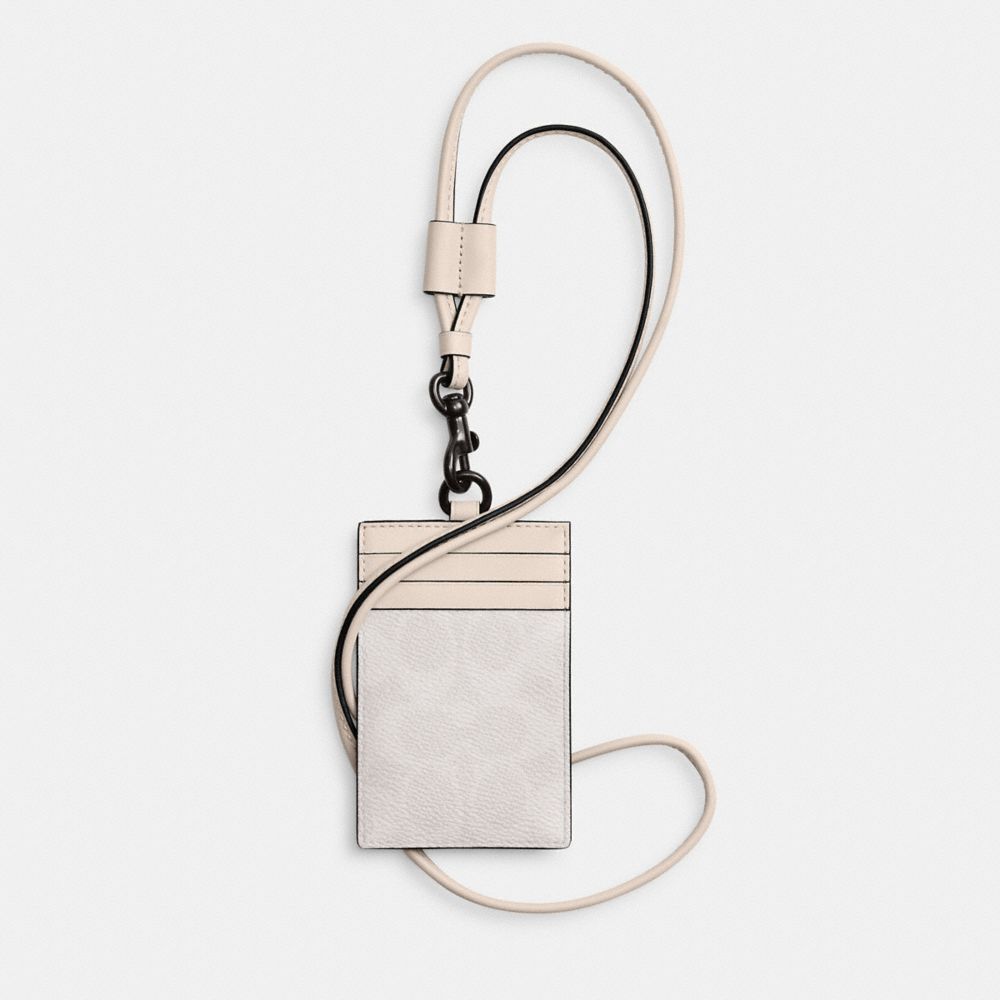 COACH®,Id Lanyard In Signature Canvas,Denim,Leather,Bag Accessories,Card Case,Mixed Media,Key Ring,Casual,White,Front View