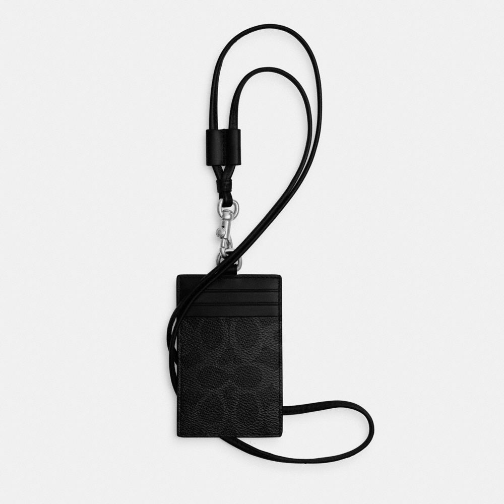 COACH®,Id Lanyard In Signature Canvas,Denim,Leather,Bag Accessories,Card Case,Mixed Media,Key Ring,Casual,Black,Front View