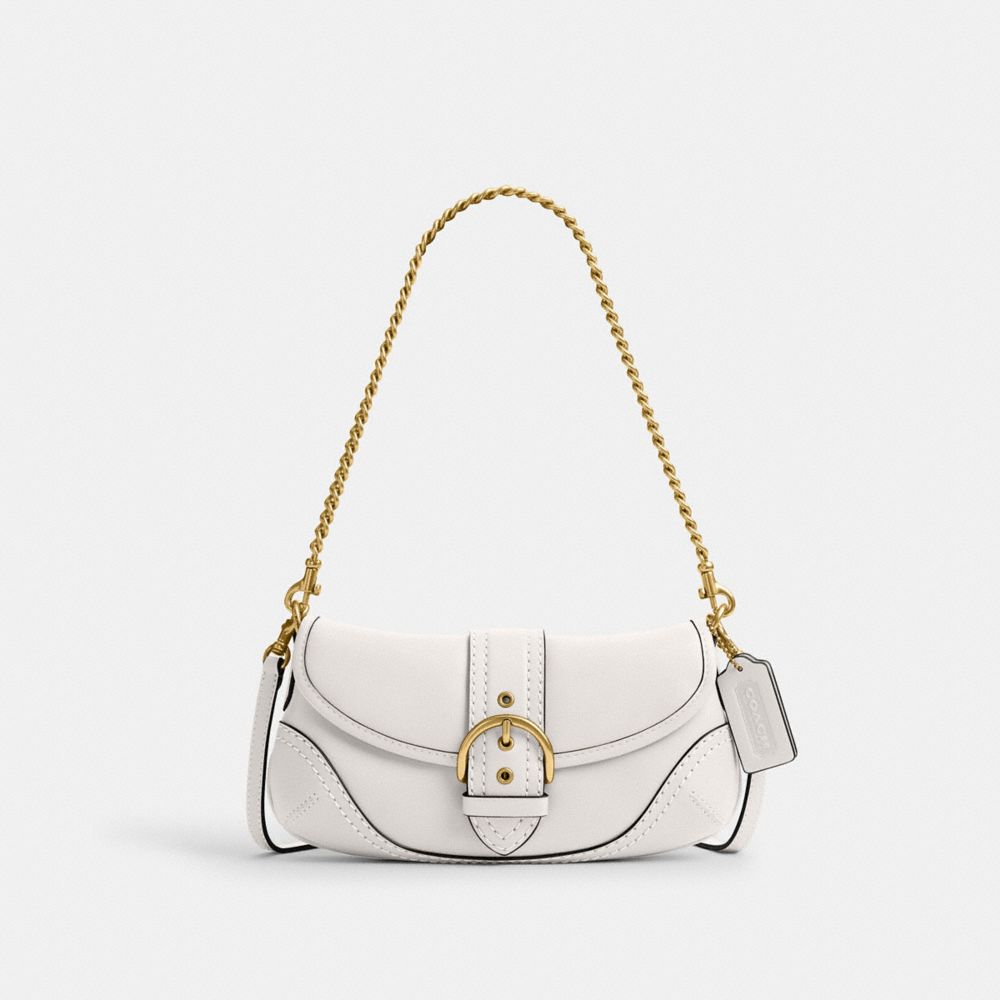 COACH®,Soho Bag 25,Leather,Shoulder Bag,Logo,Embossed,Adjustable,Gold Metal,Day Party,White,Front View
