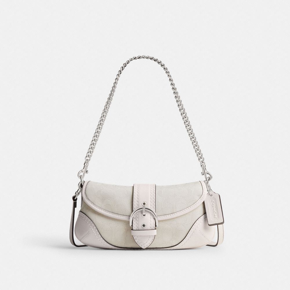 COACH®,Soho Bag 25 In Signature Jacquard,Recycled Polyester,Cotton,Shoulder Bag,Piping,Color Block,Gold Metal,Day Party,White,Front View