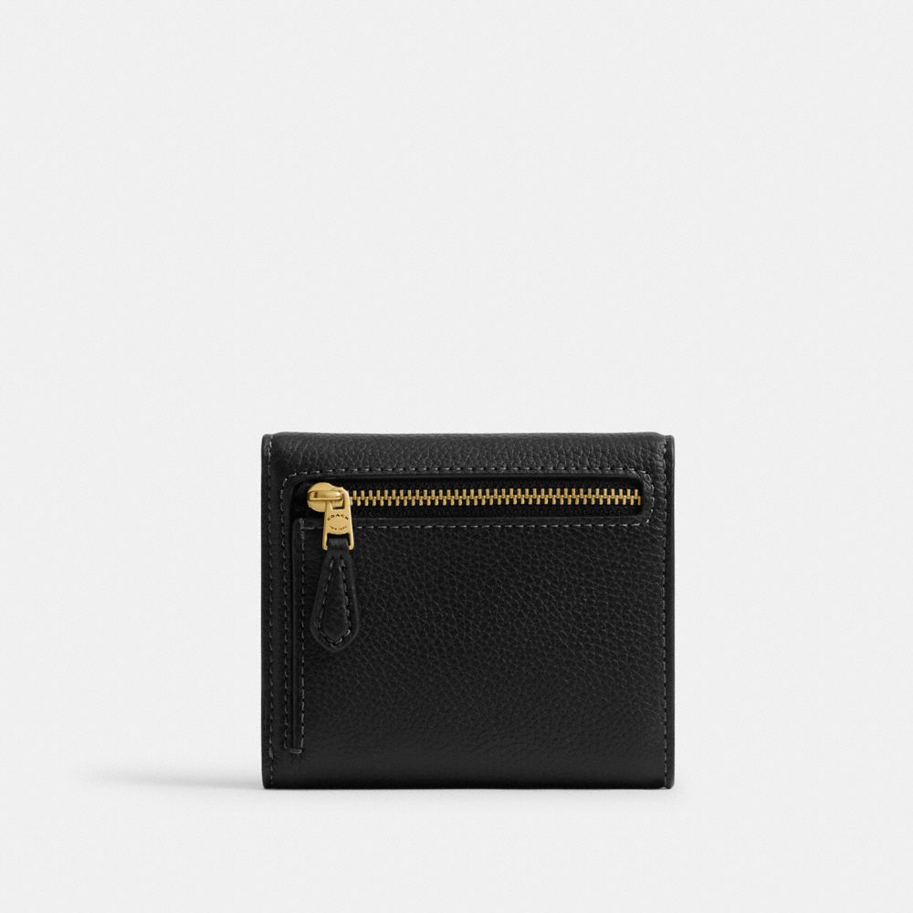 COACH®,Mila Small Flap Wallet,Leather,Tri Fold,Logo,Metal,Casual,Black,Back View