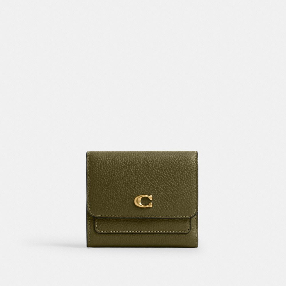 COACH®,Mila Small Flap Wallet,Leather,Tri Fold,Logo,Metal,Casual,Olive,Front View