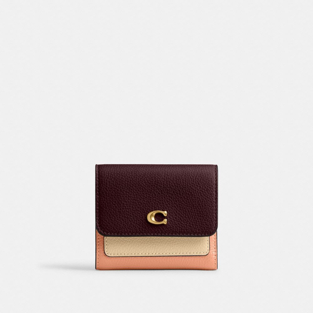 COACH®,Mila Small Flap Wallet In Colorblock,Leather,Tri Fold,Logo,Color Block,Metal,Casual,Multi Color,Front View