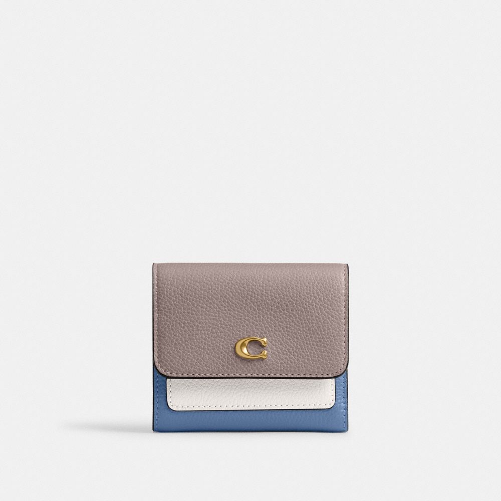 COACH®,Mila Small Flap Wallet In Colorblock,Leather,Tri Fold,Logo,Color Block,Metal,Casual,Multi Color,Front View