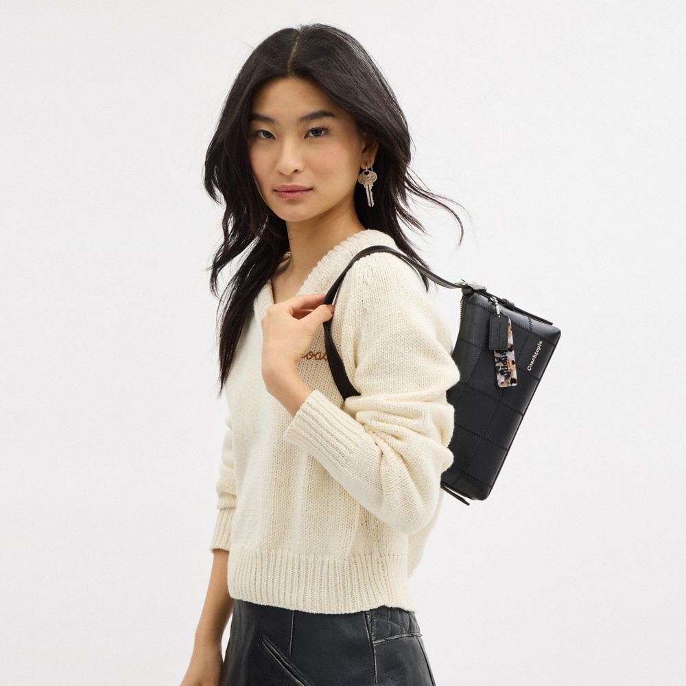 COACH®,Alter/Ego Small Slouchy Shoulder Bag In Checkerboard Upcrafted Leather,Leather,Shoulder Bag,Logo,Adjustable,Vegan,C...,Black,Detail View