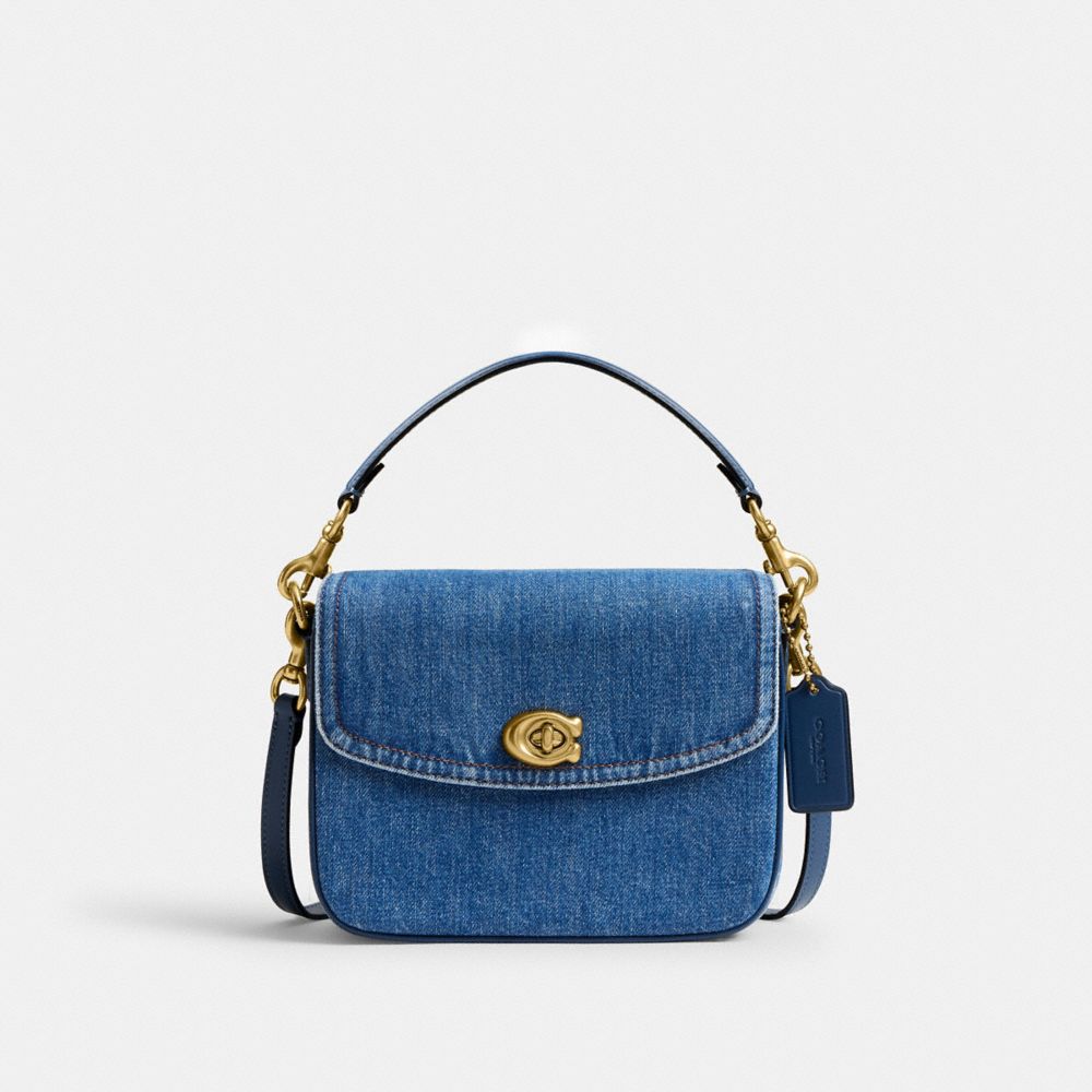 COACH®,Cassie Crossbody Bag 19,Denim,Calfskin Leather,Crossbody,Embossed,Logo,Metal,Sustainable,Brass,Day Party,Blue,Front View