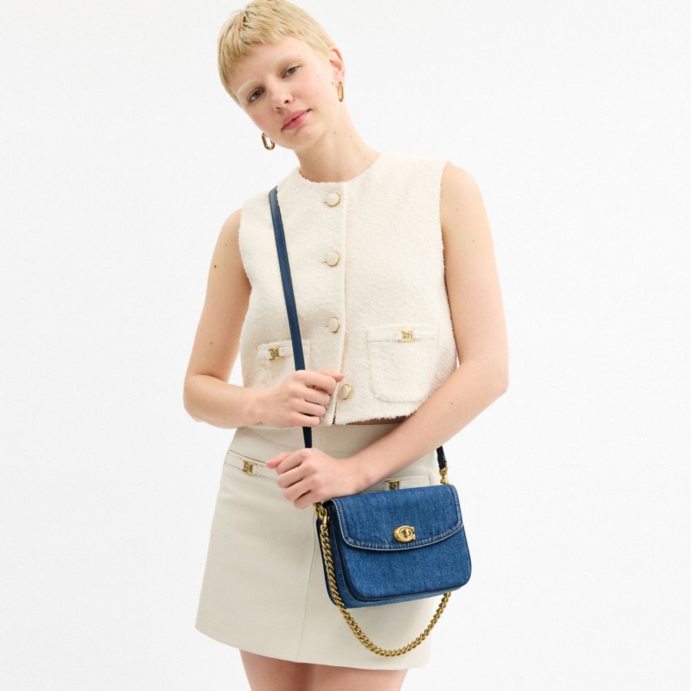 COACH®,Cassie Crossbody Bag 19,Denim,Calfskin Leather,Crossbody,Embossed,Logo,Metal,Sustainable,Brass,Day Party,Blue