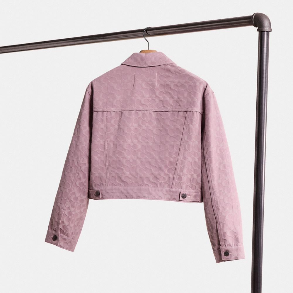 COACH®,Restored Cropped Signature Jacquard Denim Jacket,Cotton,Denim,Button,Casual,Blush,Back View