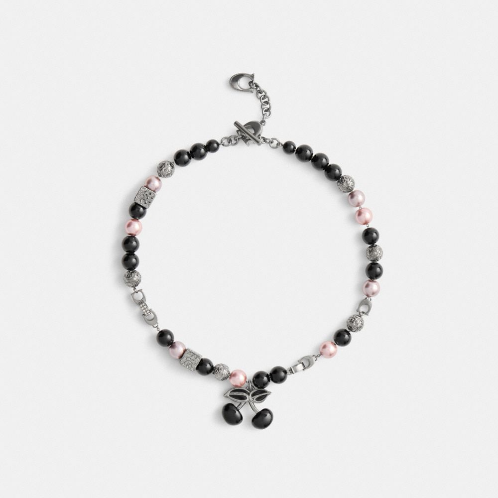 COACH®,Cherry Beaded Necklace,Choker,Resin,Cubic Zirconia,Glass,Logo,Food Embellishment,Novelty Embellishment,Bead Embelli...,Multi Color,Inside View,Top View