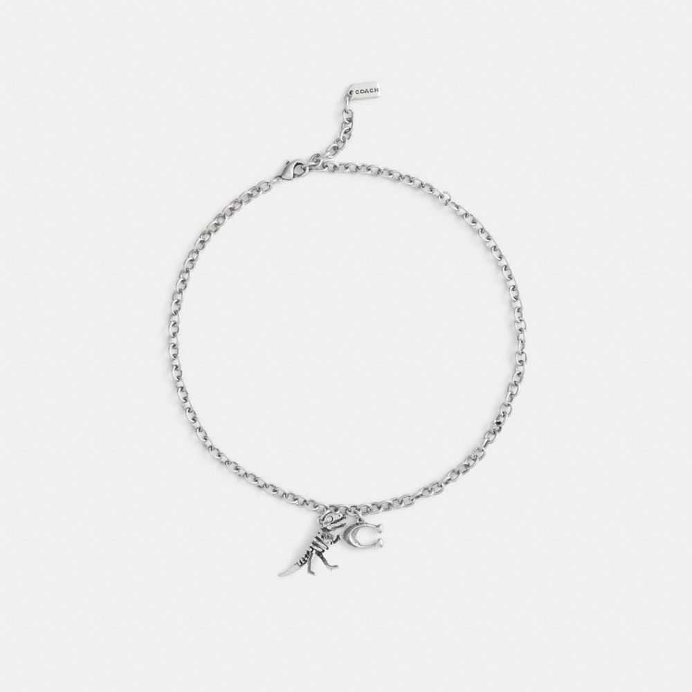 COACH®,Skeletal Rexy And Signature Pendant Necklace,Choker,Glass,Cubic Zirconia,Logo,Novelty Embellishment,Gem Embellishme...,Clear,Inside View,Top View