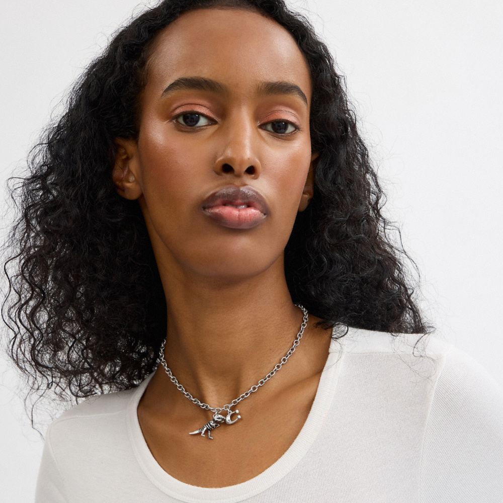COACH®,Skeletal Rexy And Signature Pendant Necklace,Choker,Glass,Cubic Zirconia,Logo,Novelty Embellishment,Gem Embellishme...,Clear,Detail View