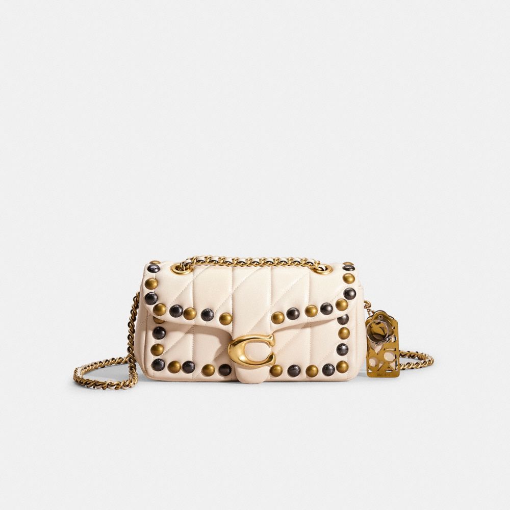 COACH®,Upcrafted Tabby Shoulder Bag 20 With Quilting,Shoulder Bag,Metal,Studded,Logo,Sustainable,Mixed Metal,Day Party,Cream,Front View