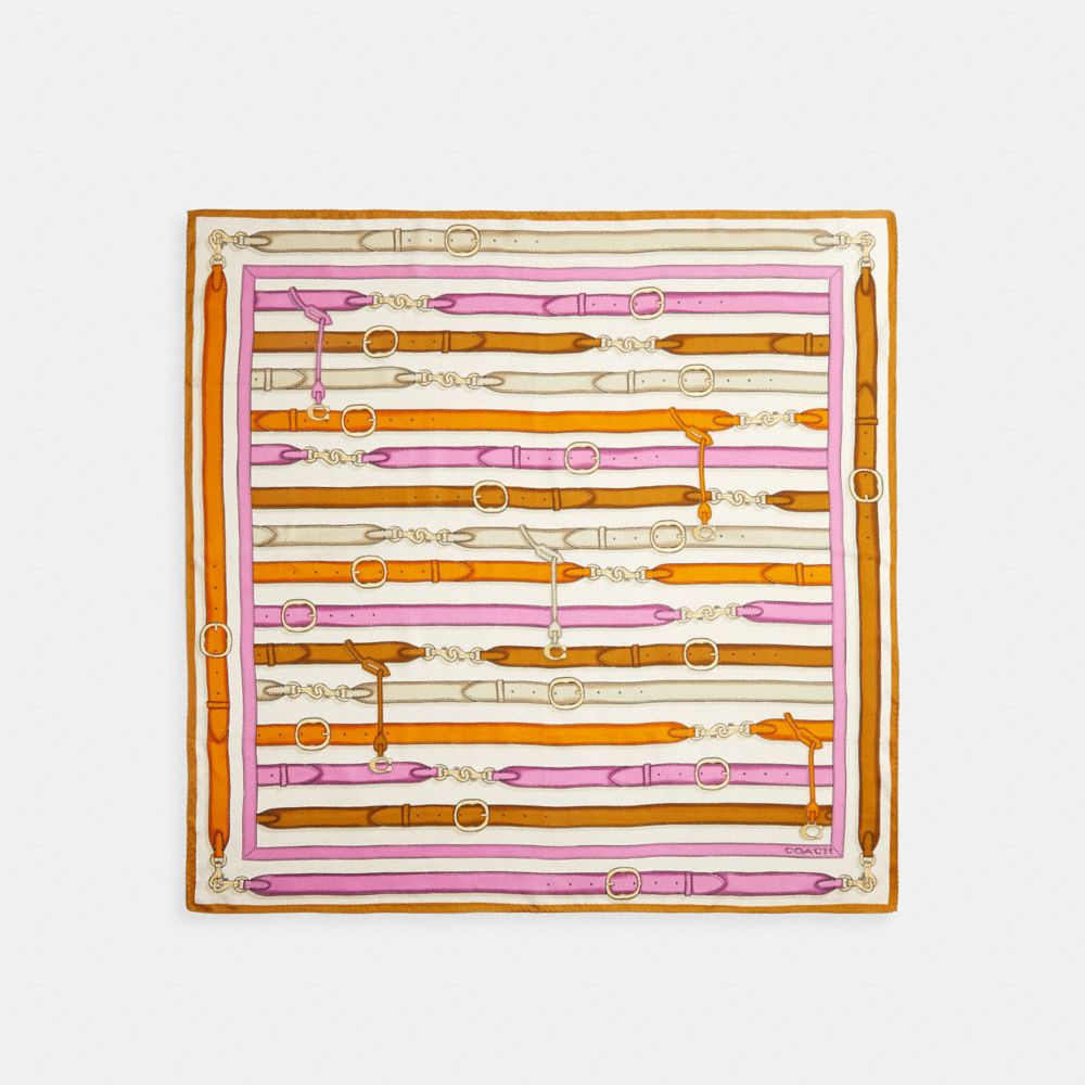 COACH®,Bag Strap Print Silk Square Scarf,Silk,Square,Logo,Piping,Word Embellishment,Casual,Multi Color,Front View