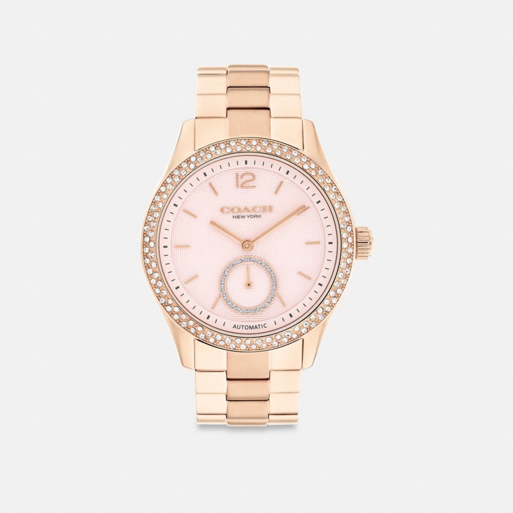 COACH®,Brooks Automatic Watch, 38 Mm,Analog,Metal Material,Crystal,Textured,Gem Embellishment,Word Embellishment,Logo,Wate...,,Front View