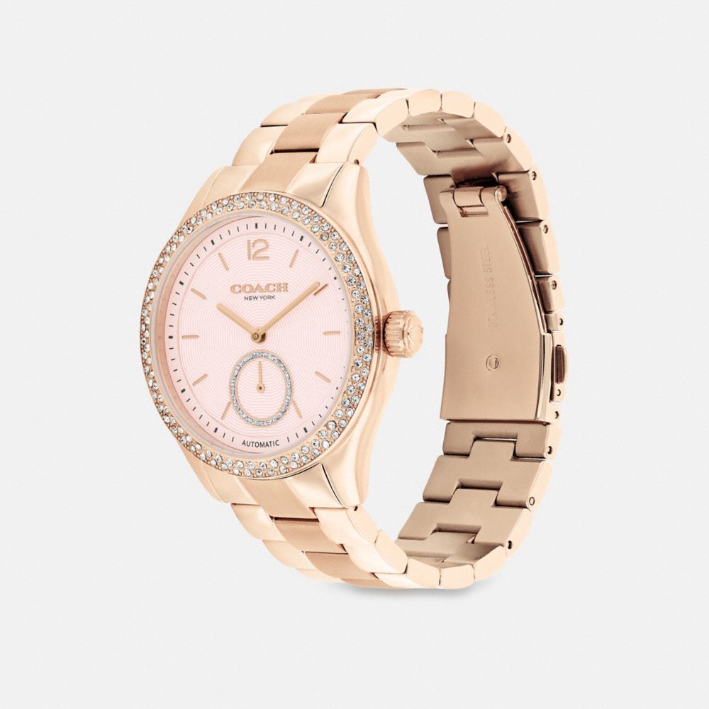 COACH®,Brooks Automatic Watch, 38 Mm,Analog,Metal Material,Crystal,Textured,Gem Embellishment,Word Embellishment,Logo,Wate...,,Angle View