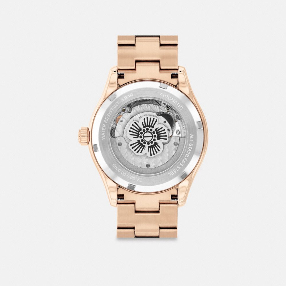 COACH®,Brooks Automatic Watch, 38 Mm,Analog,Metal Material,Crystal,Textured,Gem Embellishment,Word Embellishment,Logo,Wate...,,Back View