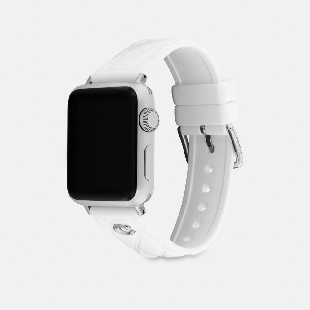 COACH®,Apple Watch® Strap, 38 Mm, 40 Mm And 41 Mm,Watch Strap,Rubber,Silicone,Logo,Quilted,Metal,Stainless Steel,Casual,White,Angle View