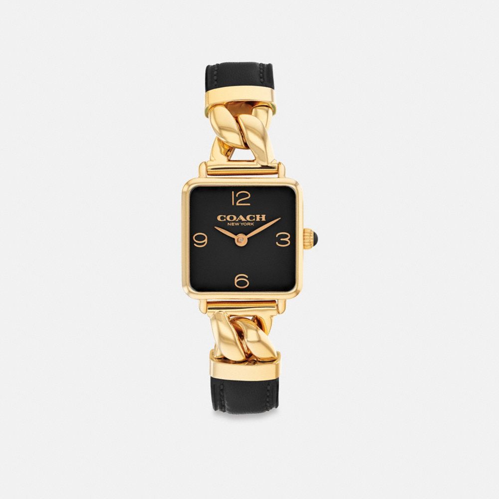 COACH®,Cass Watch, 22 Mm,Analog,Leather,Mineral,Rhinestones,Logo,Word Embellishment,Chain Detail,Water Resistant,Casual,Black,Front View