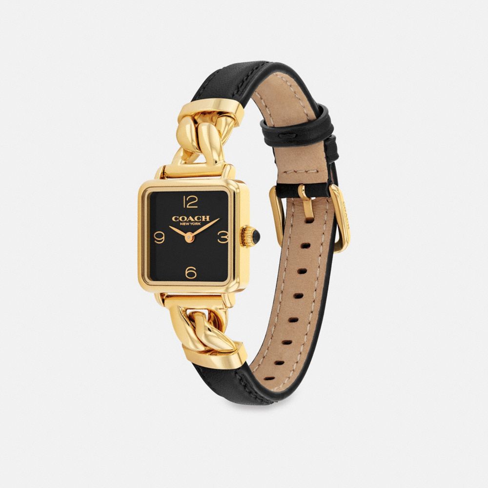 COACH®,Cass Watch, 22 Mm,Analog,Leather,Mineral,Rhinestones,Logo,Word Embellishment,Chain Detail,Water Resistant,Casual,Black,Angle View