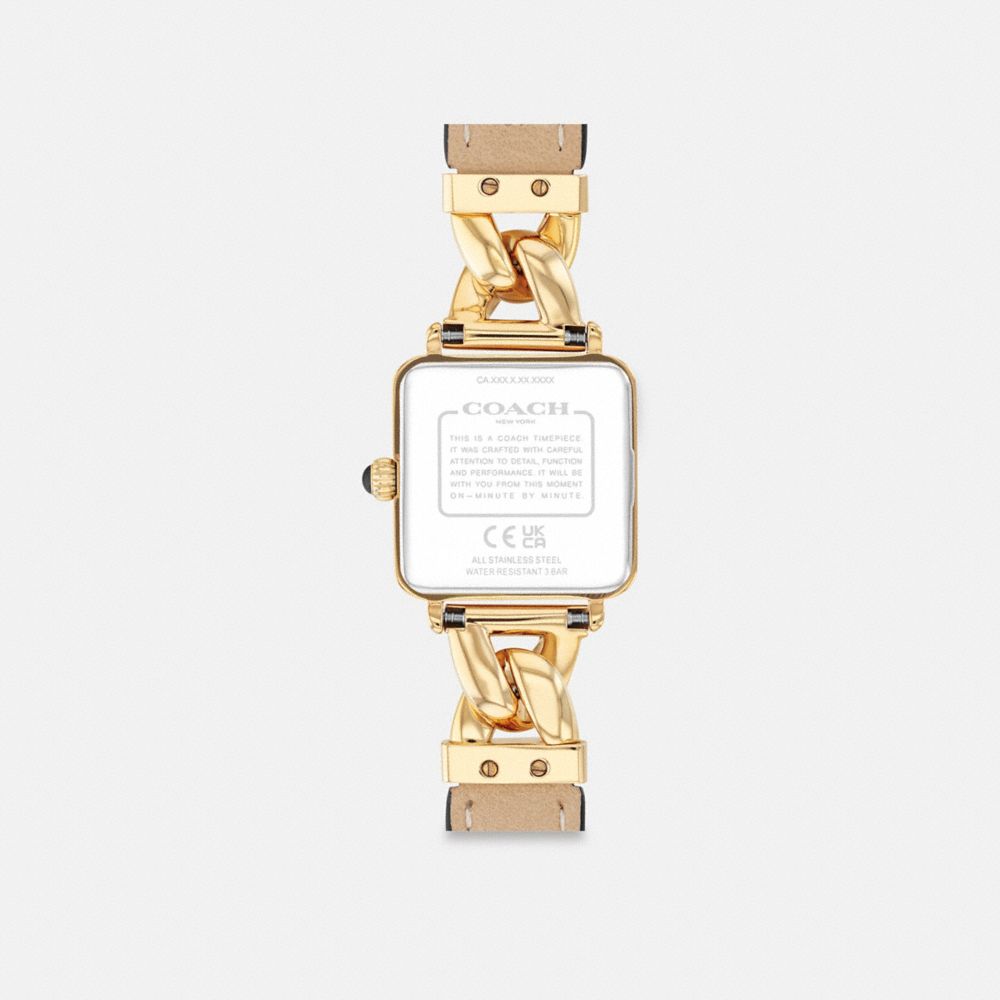 COACH®,Cass Watch, 22 Mm,Analog,Leather,Mineral,Rhinestones,Logo,Word Embellishment,Chain Detail,Water Resistant,Casual,Black,Back View