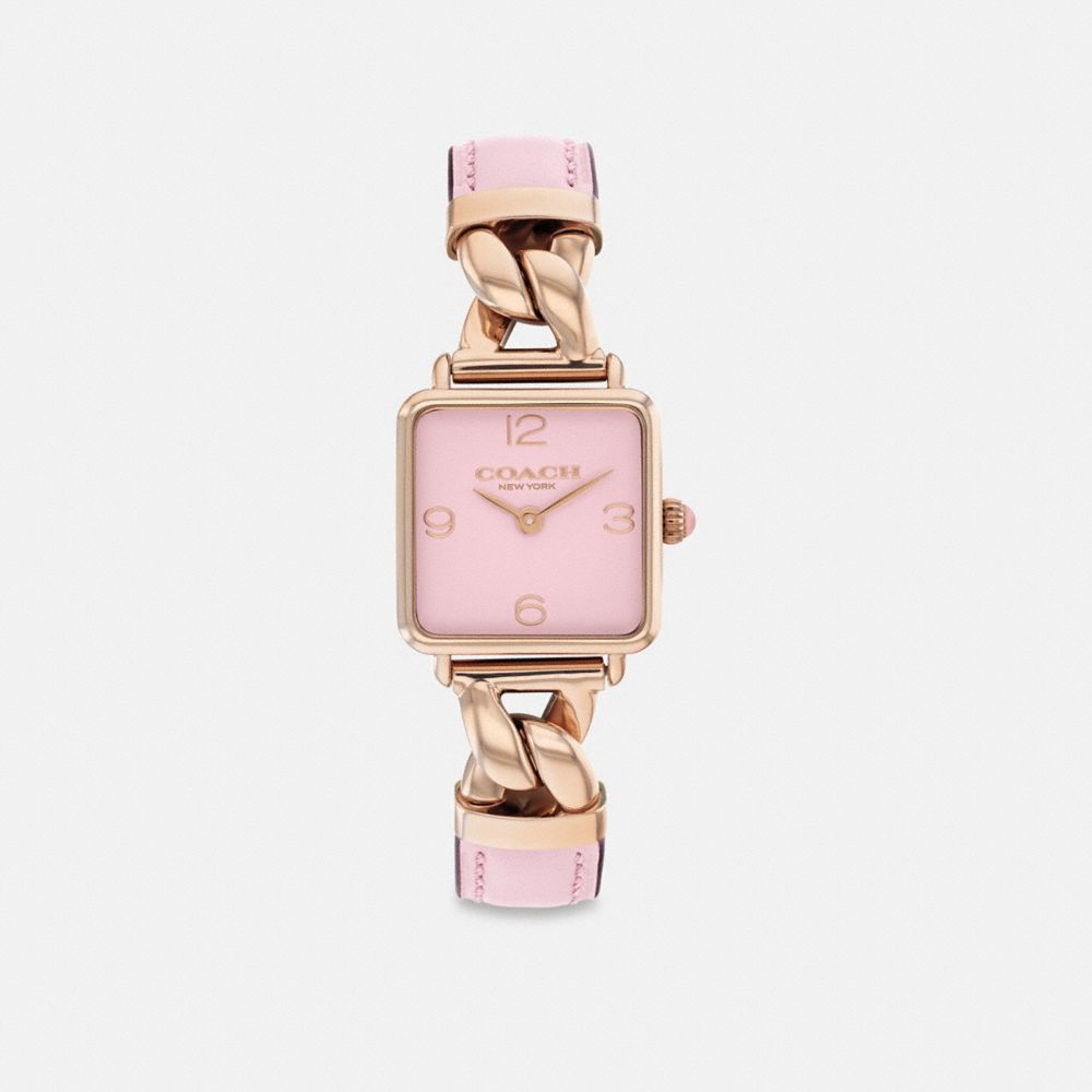 COACH®,Cass Watch, 22 Mm,Analog,Leather,Mineral,Lacquer,Crystal,Rhinestones,Chain Detail,Word Embellishment,Logo,Water Res...,Pink,Front View