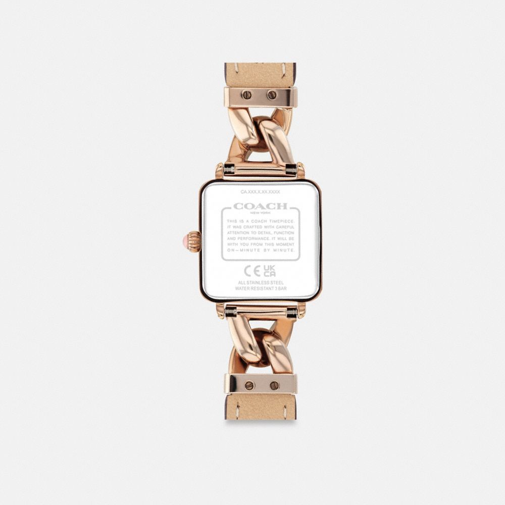 COACH®,Cass Watch, 22 Mm,Analog,Leather,Mineral,Lacquer,Crystal,Rhinestones,Chain Detail,Word Embellishment,Logo,Water Res...,Pink,Back View