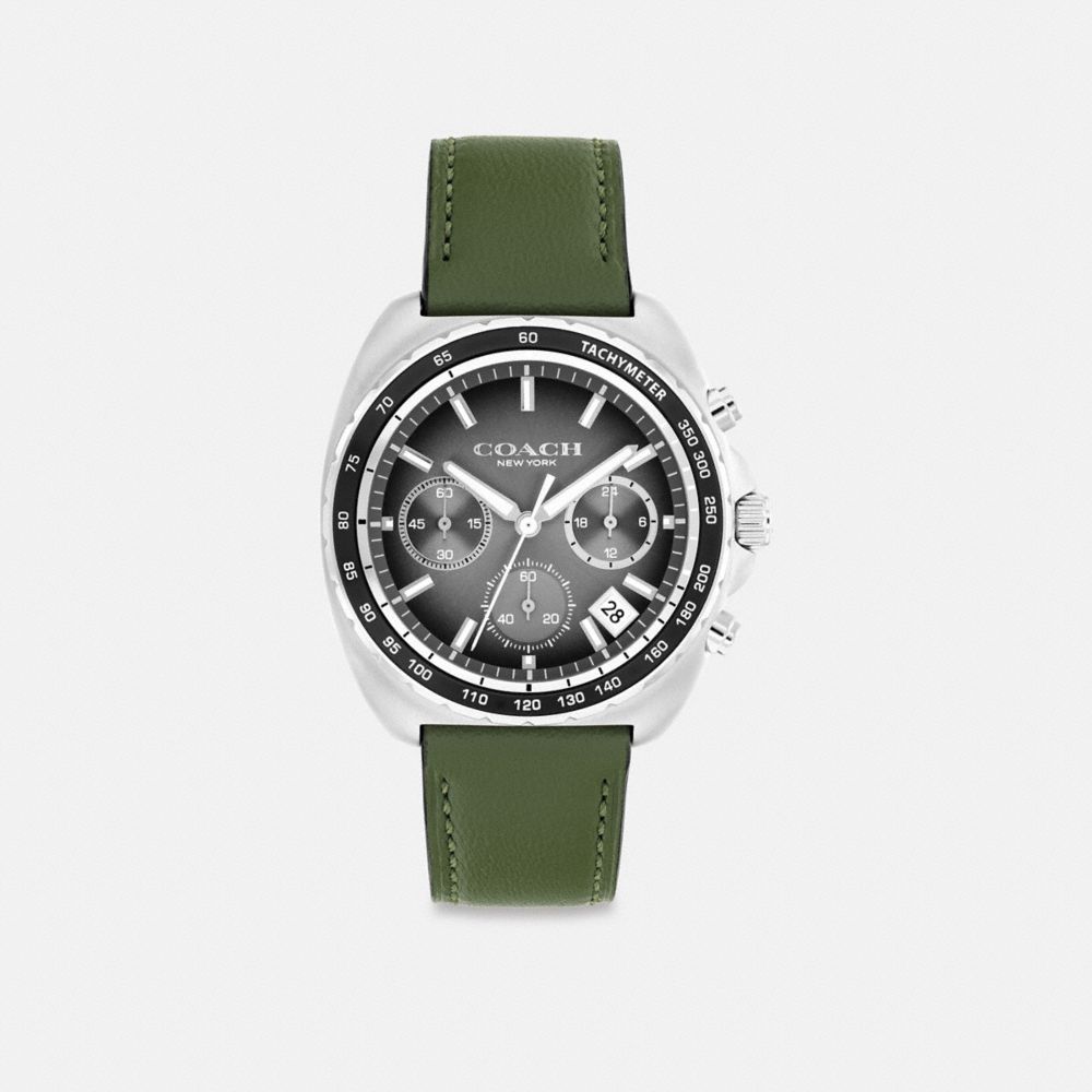COACH®,Charter Chronograph Watch, 39 Mm,Analog,Mineral,Leather,Word Embellishment,Logo,Water Resistant,Stainless Steel,Casual,Olive,Front View